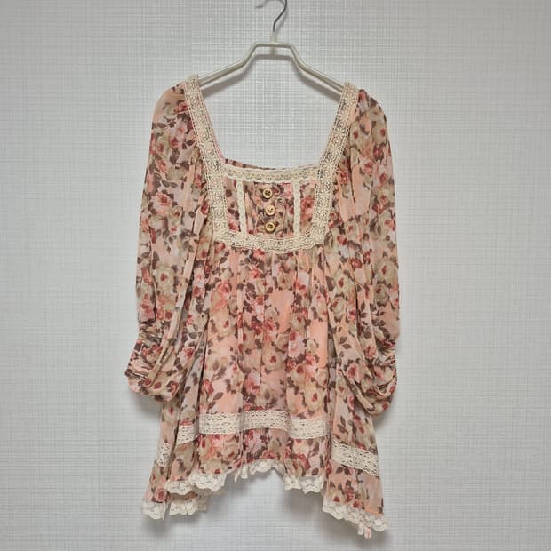 리즈리사 고전 히메갸루  핑크 앤틱꽃무늬 쉬폰 튜닉