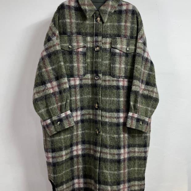 이자벨마랑 빈티지 그린 체크 울 셔츠 롱 코트 (on.325)  