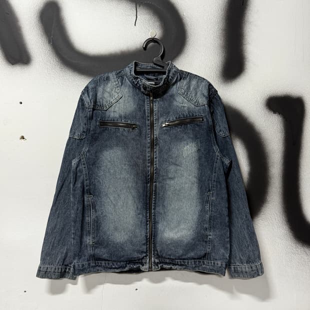 VTG 빈티지 차이나 카라 패치 디테일 워싱 싱글 데님 바이크 자켓