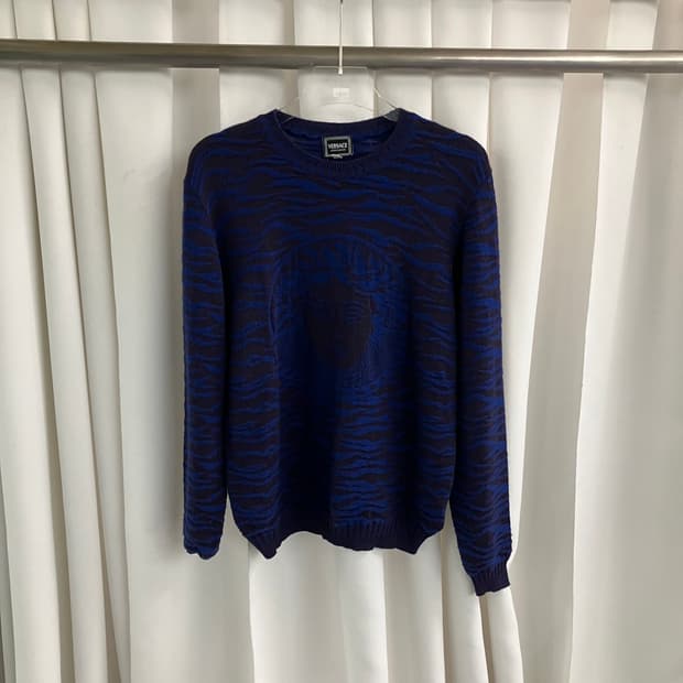베르사체 블루 헤드로고 패턴 니트 스웨터 M