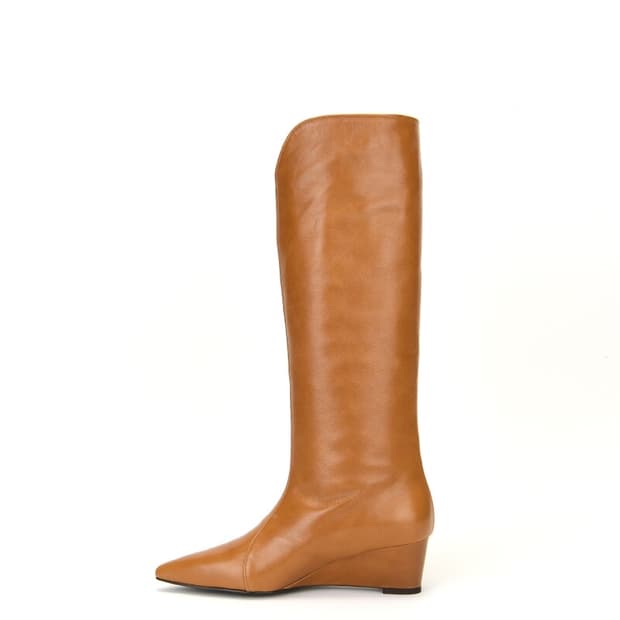 three to eighty 롱부츠 curved wedge leather