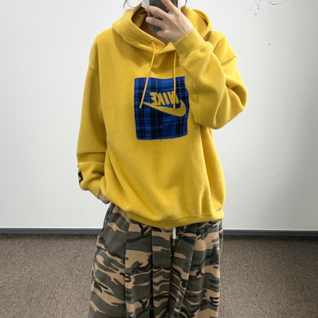 Nike 타탄 체크 박스로고 옐로우 플리스 후드티