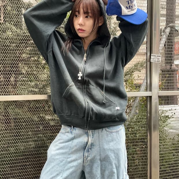 90s RUSSELL 올드스쿨 카키그레이 오버사이즈 후드집업