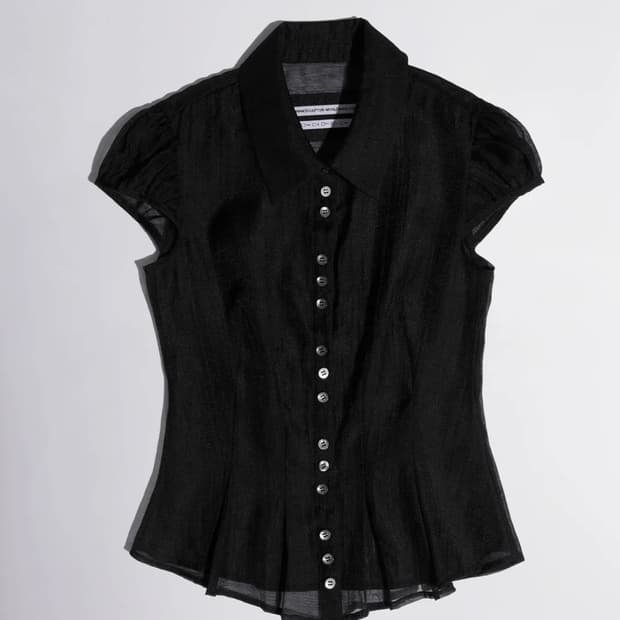 스컬프터 Sheer Pleated Hem Blouse Black M