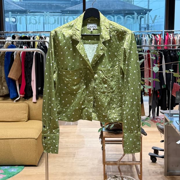 가니 그린 실키 폴카 도트 크롭 셔츠