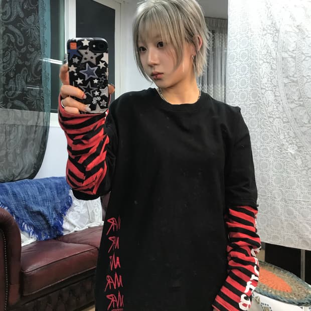 스트라이프 반팔 레이어드 긴팔 티 