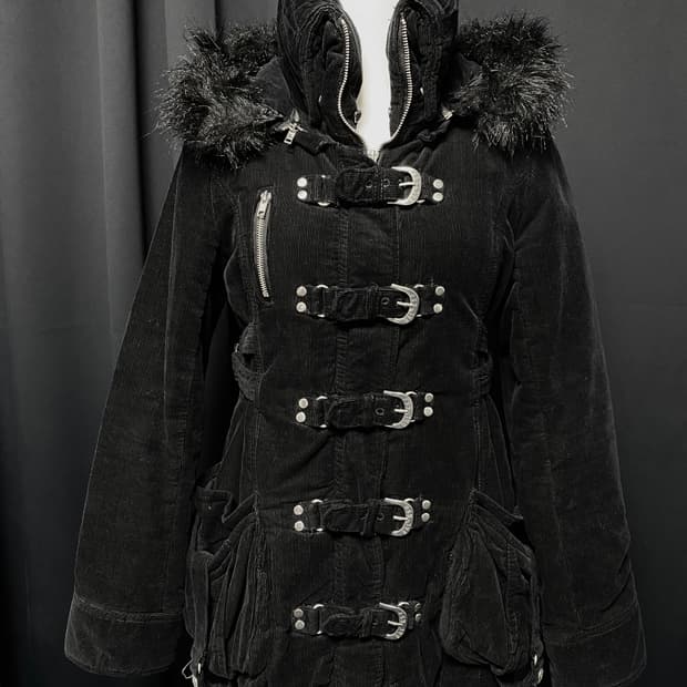 고스 펑크 버클 코듀로이 패딩 후드 자켓 코트 일본빈티지