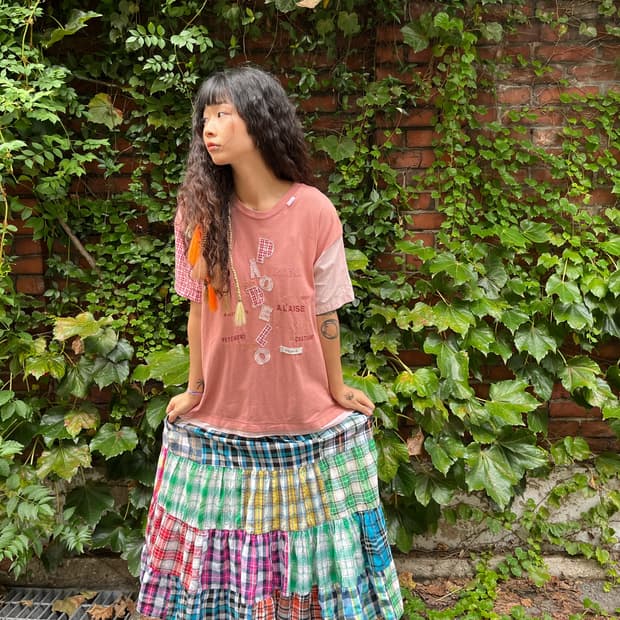 일본무드 체크 패치워크 롱 스커트