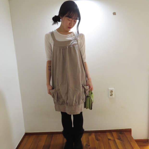 코코아 베이지 멜빵 원피스