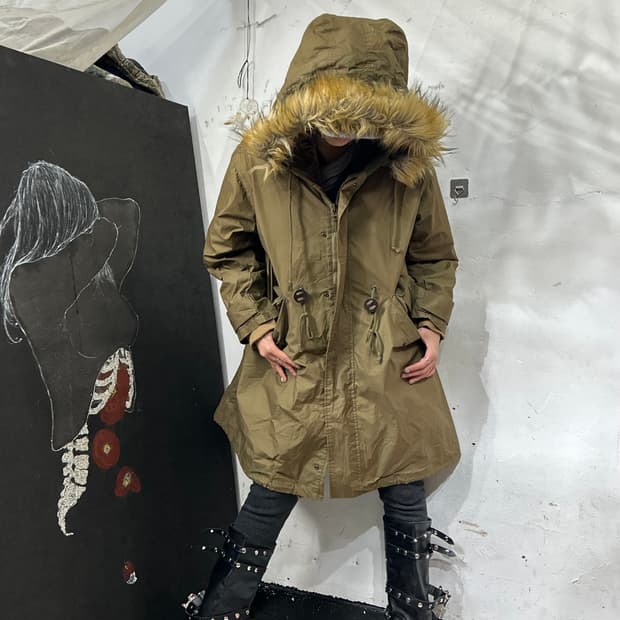 일본빈티지 카키 울프죠 퍼 후드 개파카 야상 밀리터리 갸루 M