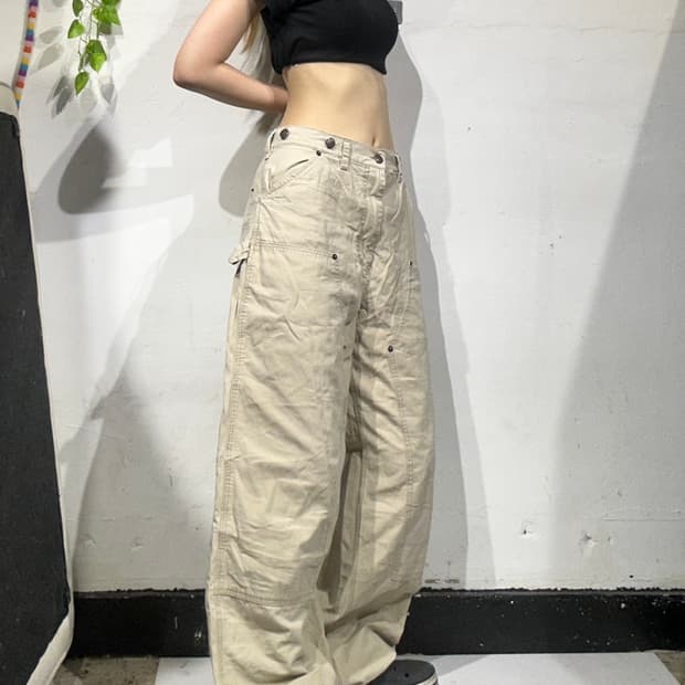 빈티지 베이지 더블니 카펜터 망치 주머니 와이드 팬츠