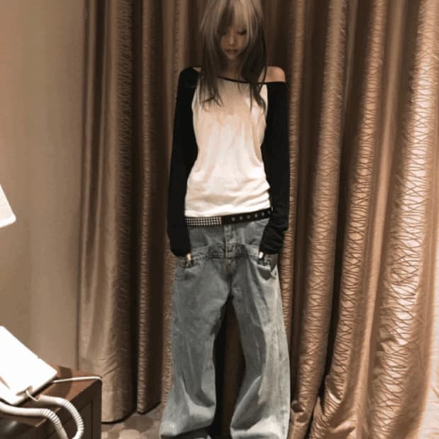 kyoiii 쿄이 더블 웨이스트 와이드 데님 팬츠