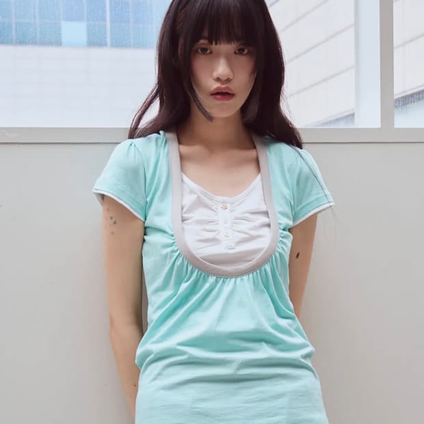 오피쉬 유넥 티셔츠 민트 Shirring U neck T-shirts,