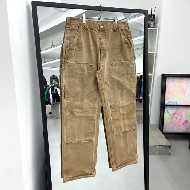 칼하트 OG 더블니 카펜터 덕캔버스 페이딩 와이드 워크팬츠 브라운