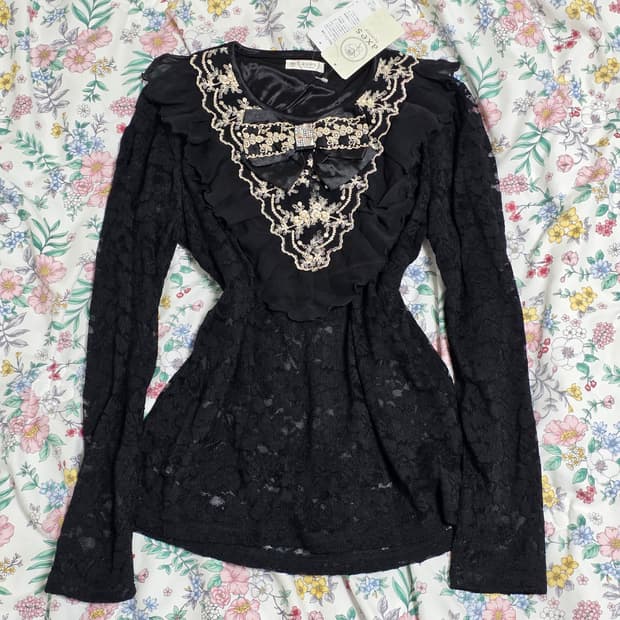 엑시즈팜 일본빈티지)빅리본 레이스진주 공겜여주프릴블랙 고딕로리타 블라우스