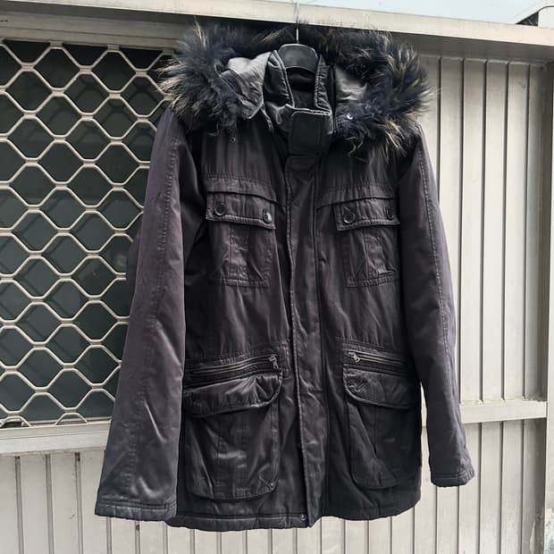 Vintage multi pocket fur hood jacket