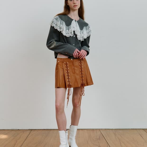 DEWE 듀이하트듀이 레더 레이스업 스트랩 웨스턴 가죽 미니 스커트 S