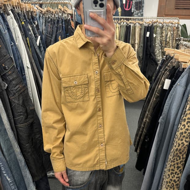 XL) 트루 릴리전 로고 스티치 브라운 데님셔츠