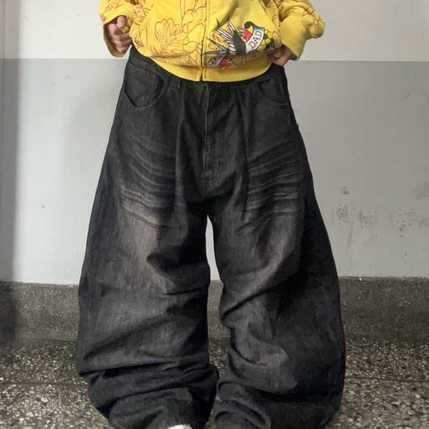 90s ROCA WEAR 블랙 워싱 데님 와이드팬츠