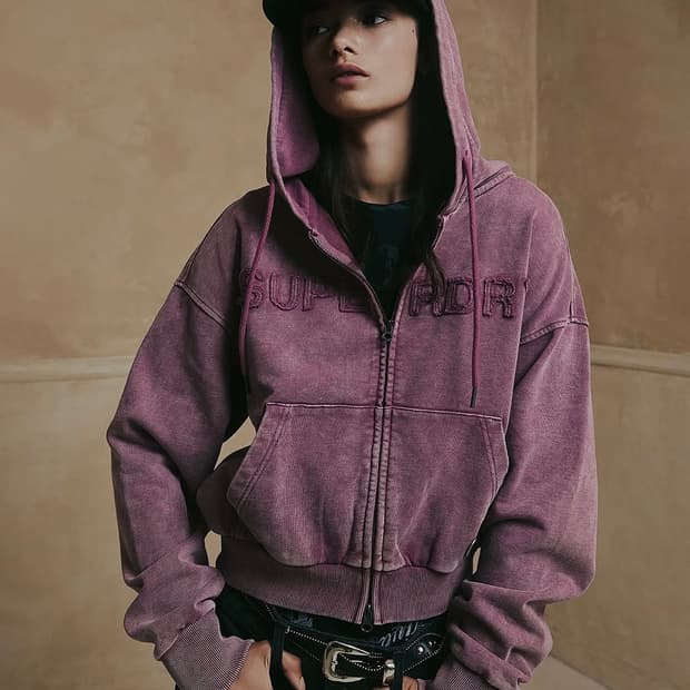 슈퍼드라이 빈티지 가먼트 워싱 크롭 후드 집업