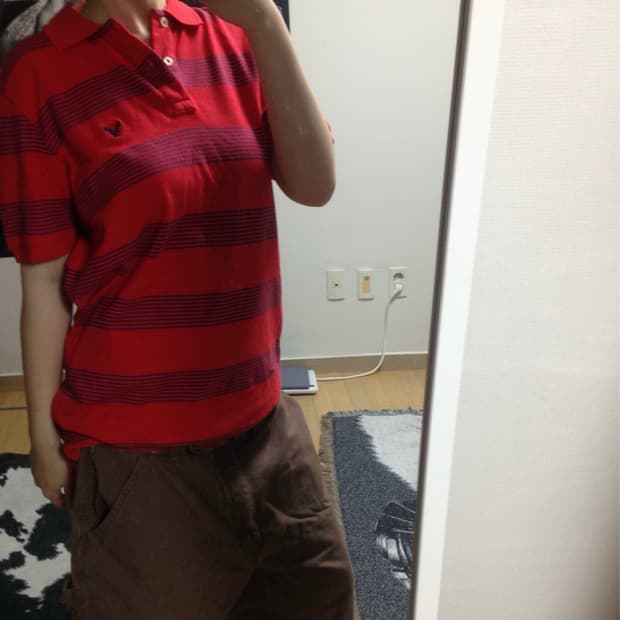 아메리칸 이글 보더 레드 스트라이프 폴로 셔츠 피케 반팔