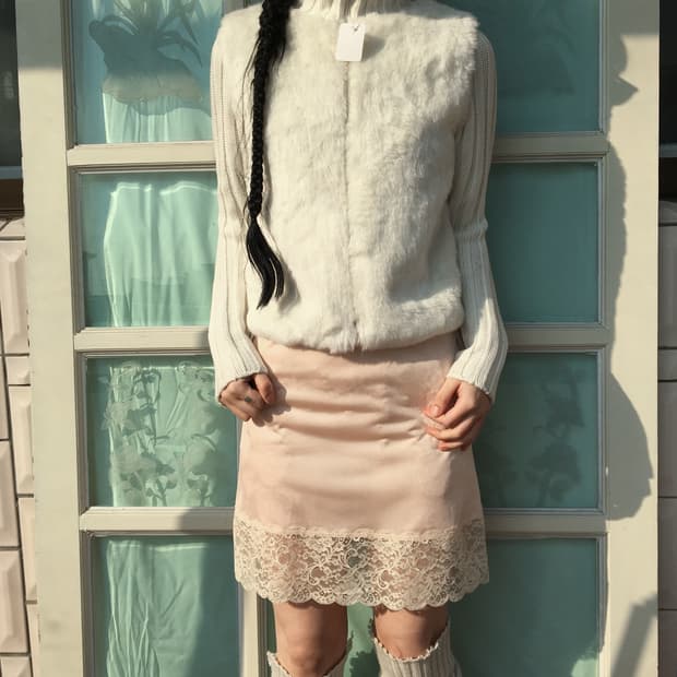 Fake fur point high neck knit zip up