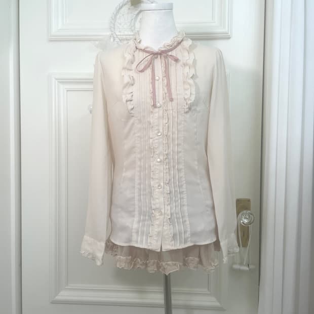 beigeivory pink bow ruffle blouse