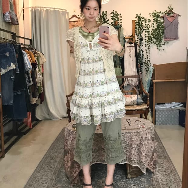 빈티지 히피 모리 하구미 자수 7부 팬츠 코디 세트