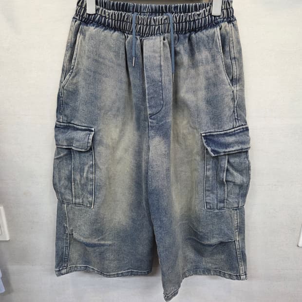 슬로건 빈티지워싱 버뮤다 데님팬츠 대략 33 34 