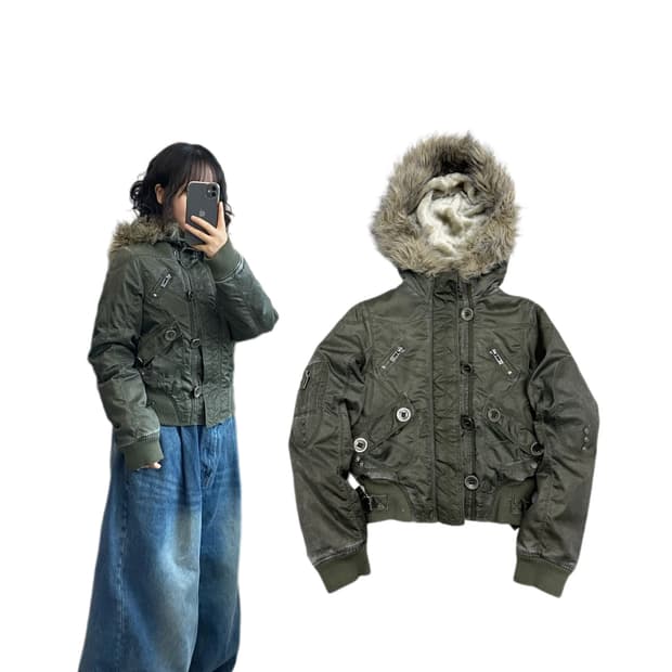 스톤워싱 Y2K 멀티포켓 퍼 크롭 빈티지 항공자켓