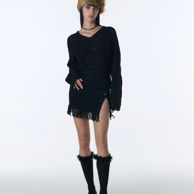 ORDINARY HOLIDAY 프린지 슬릿 원피스