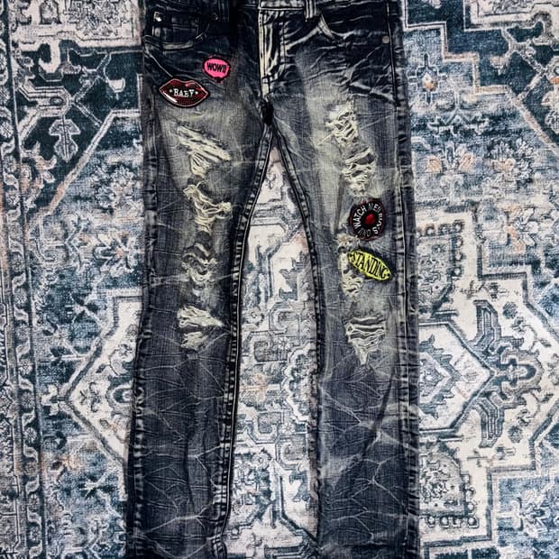 일본빈티지 Y2k 디트로이드 데미지 패치 데님 팬츠