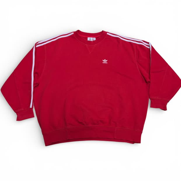 L 아디다스 레드 삼선 오버핏 크루넥 맨투맨