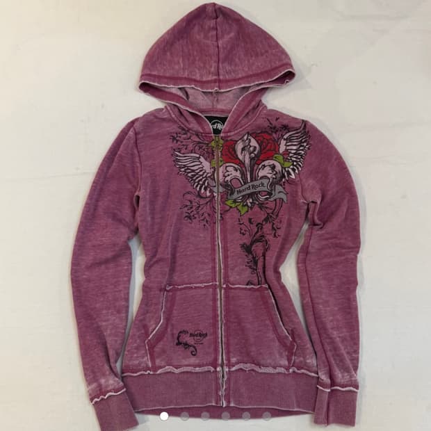 하드락카페 y2k 딱붙핏 프린팅 핑크 후드집업