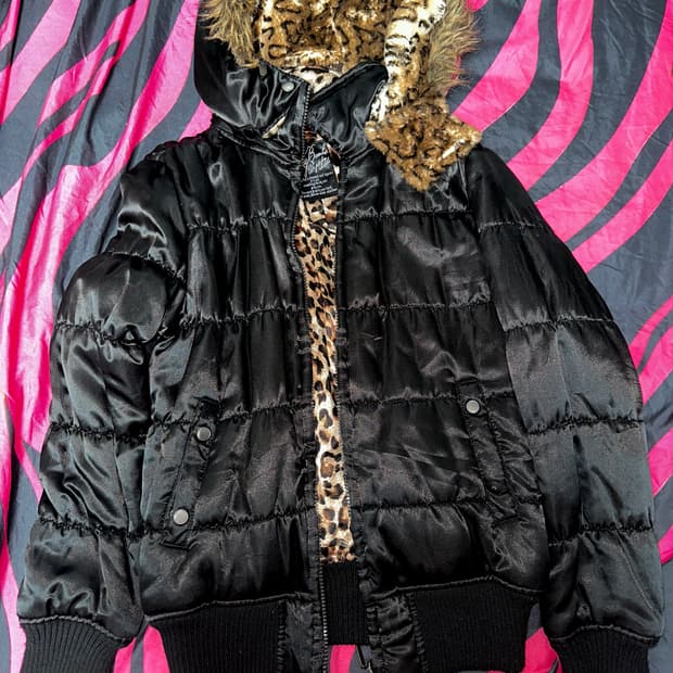 일본 빈티지 갸루 오네갸루 레오파드 호피 퍼 숏 크롭 패딩