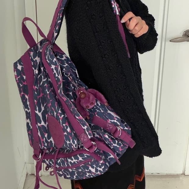 키플링 퍼플 레오파드 복주머니 백팩