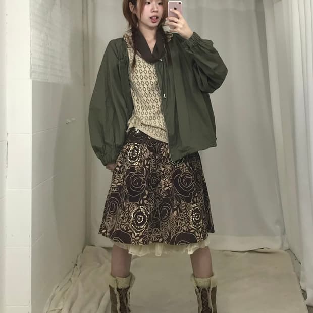 빈티지 카키 브라운 가을 히피 모리 코디 세트