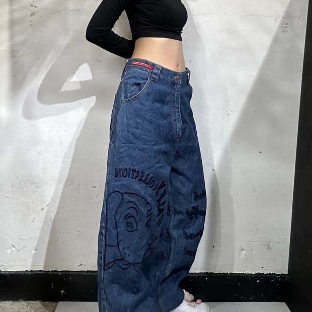 일본빈티지 90s 중청 힙합 브랜드 아카이브 캐릭터 자수 데님 팬츠 