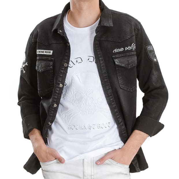 블랙실버 스컬자수 스판블랙 남방 