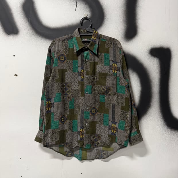 VTG 빈티지 에스닉 오리엔탈 풀 패턴 원 포켓 긴팔 셔츠