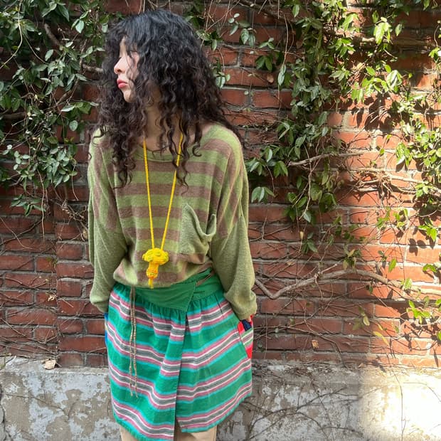 일본 무드 줄무늬 패턴 미디 랩 스커트