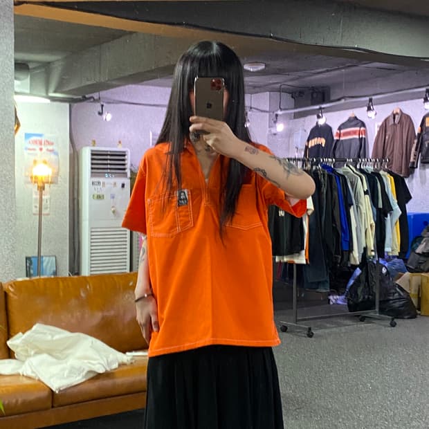 X-girl x MadeMe 콜라보 오렌지 플런징 워크웨어 셔츠 B523