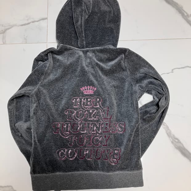 Y2K 쥬시 꾸뛰르 다크 그레이 챠콜 핑크 프린트 벨루어 후드 집업