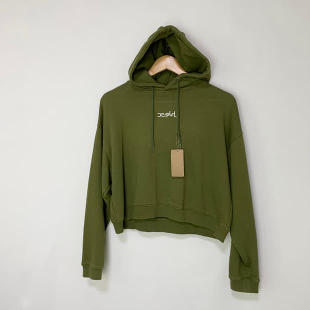 엑스걸 크롭 루즈핏 후드티 카키 2 사이즈 여성 일본 빈티지