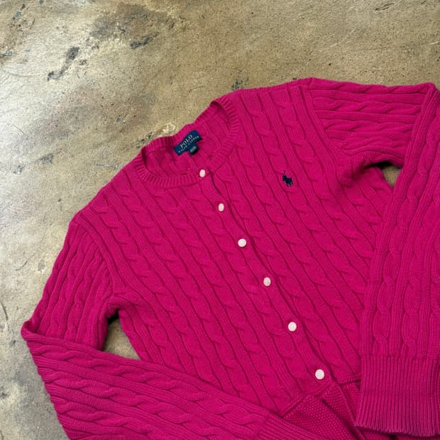 폴로 랄프로렌 핫 핑크 꽈배기 프릴 니트 가디건