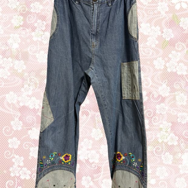 빈티지 히피 하구미 모리걸 자수 와이드 팬츠
