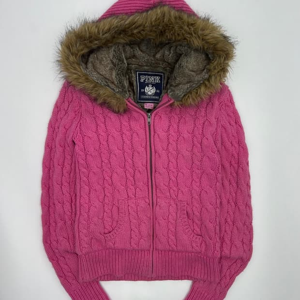 핑크 퍼 후드 니트집업