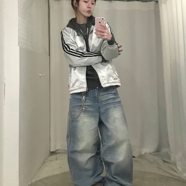 아디다스 실버 자켓 스트릿 펑크 힙 코디 세트