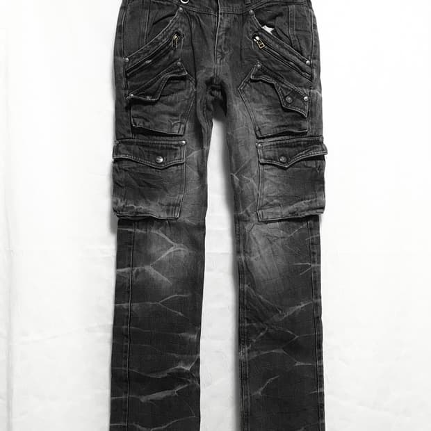 빈티지 vkei 펑크 지퍼 포켓 카고 흑청 데님 팬츠