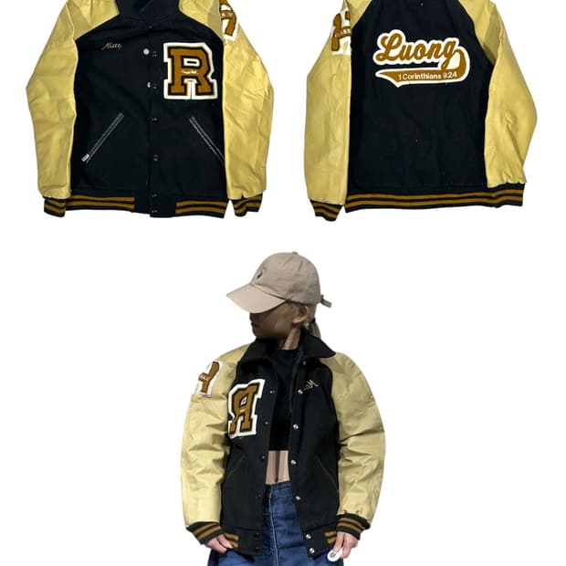 미국 빈티지 R 블랙 골드 자수 가죽 바시티 잠바